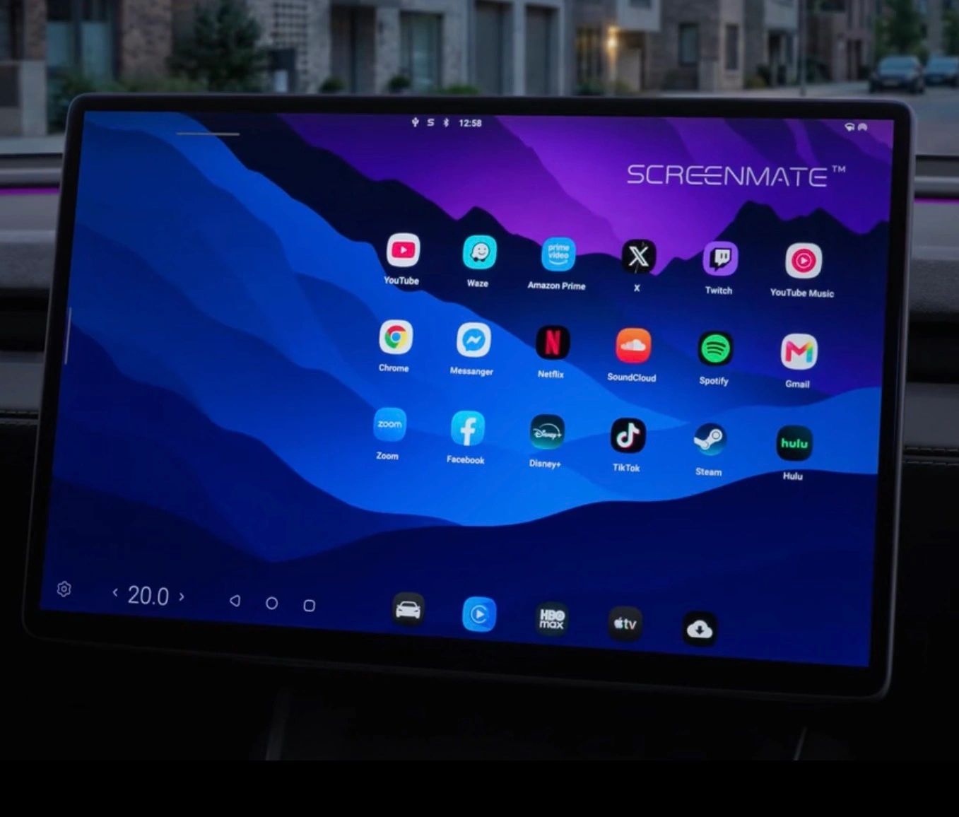 An Android entertainment display installed in a Tesla, showing streaming apps